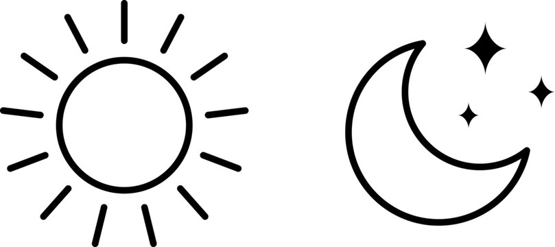 Simple line art of sun and crescent moon with stars
