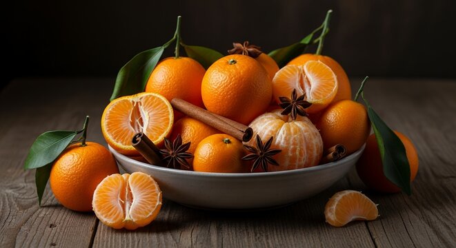 Close-up of fresh tangerines with leaves, cinnamon sticks and star anise in a bowl on a rustic wooden surface. Concept for healthy eating, seasonal recipes and christmas decoration - Powered by Adobe
