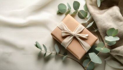 neutral toned gift box surrounded by eucalyptus and fabric