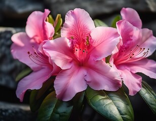 a beautiful close up shot of a blooming pink azalea surrounded by rich green leaves and a stone backdrop