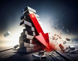 dramatic financial downturn with red arrow crashing through stacked blocks symbolizing market crash and economic recession with powerful visual impact