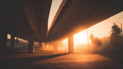 Urban highway overpass at sunrise, casting long shadows on the road surface.