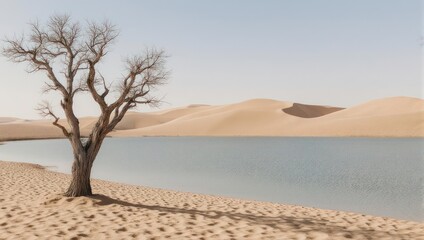 Desert Oasis - Serene Landscape with Tree and Water Under Clear Sky.