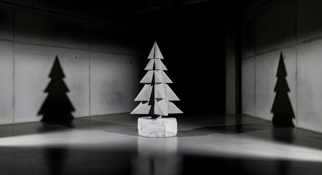 Minimalist Concrete Christmas Tree Sculpture in Industrial Loft