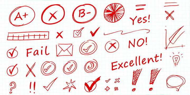 Hand drawn red school doodles and symbols on graph paper representing grades and feedback