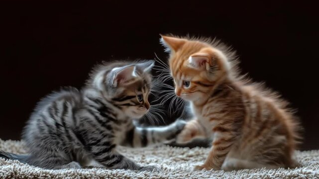 Two kittens playfully batting at each other on a soft, textured surface