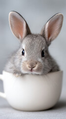 Obraz premium Adorable baby bunny in ceramic mug on kitchen table - perfect for spring and easter decor