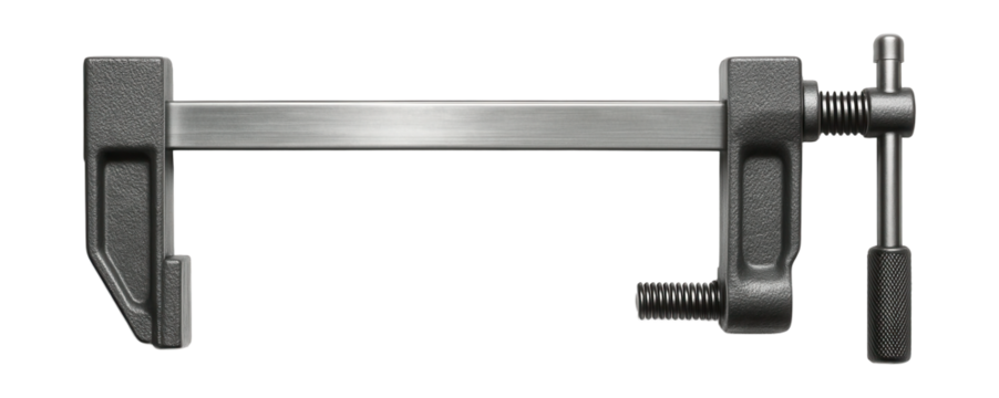 Long steel bar sash clamp for securely holding large wooden frames.