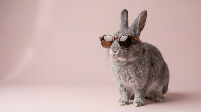 Gray rabbit wearing sunglasses on pink background