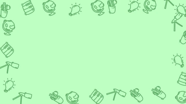 seamless border or frame design created from a repeating pattern of hand-drawn style outline doodles related to education and school, including light bulbs (ideas), globes, telescopes, and pencil case