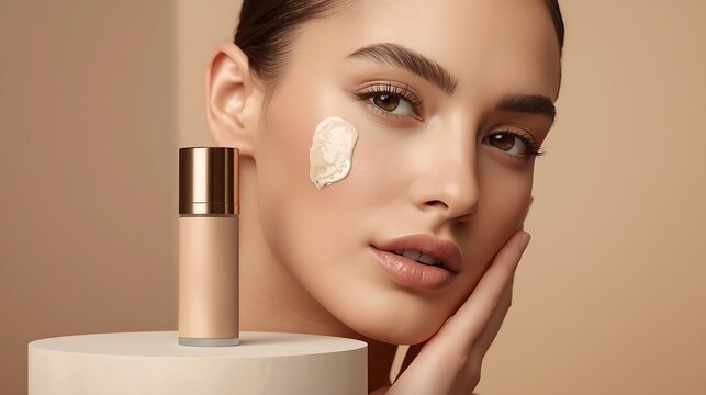 Beautiful woman with perfect skin applying a smear of liquid foundation from a bottle for a flawless complexion and natural makeup look