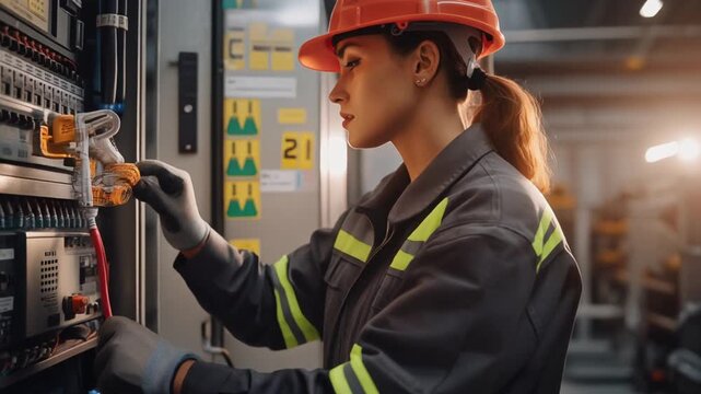 A skilled female electrician in protective gear works diligently on industrial electrical equipment, focusing on intricate wiring and connections within a control panel