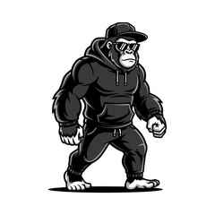 Obraz premium A powerful and stylish gorilla character illustration wearing a hoodie, cap, and sunglasses, walking confidently.