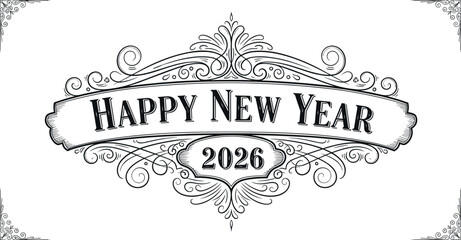 Ornate happy new year greeting card for the year two thousand and twenty six on transparent background