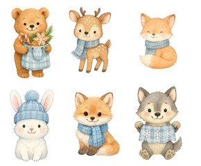 Obraz premium Cute winter woodland animals set with bear deer fox bunny and wolf in soft pastel style wearing blue scarves on transparent background for seasonal clipart and nursery design