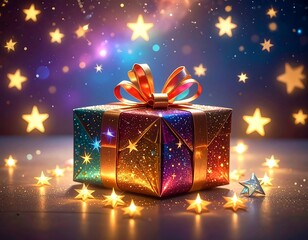 Magical Gift Box Surrounded by Stars and Colorful Lights.