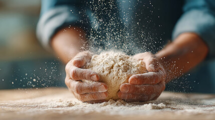 Culinary art of baking with flour particles floating after hand clap near dough