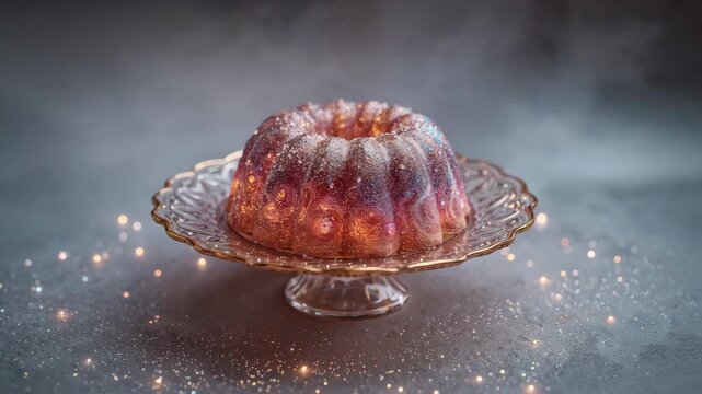 A glowing, translucent jelly cake rests on an ornate glass stand, surrounded by magical mist and shimmering bokeh lights in a moody, ethereal setting.