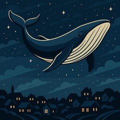 Whale swimming through a starry night sky above a town