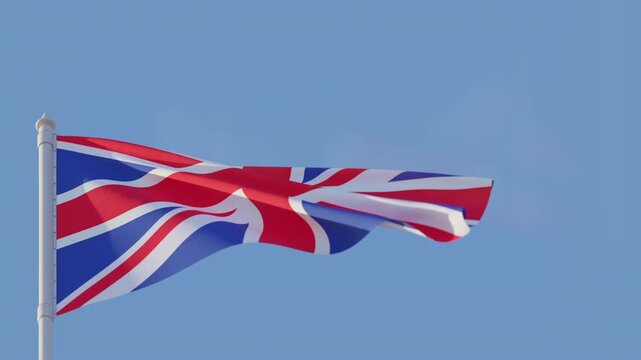 Dynamic footage of the United Kingdom flag waving in bright daylight. Ideal for news, politics, culture, and global projects. High-quality visual, part of international flag series.