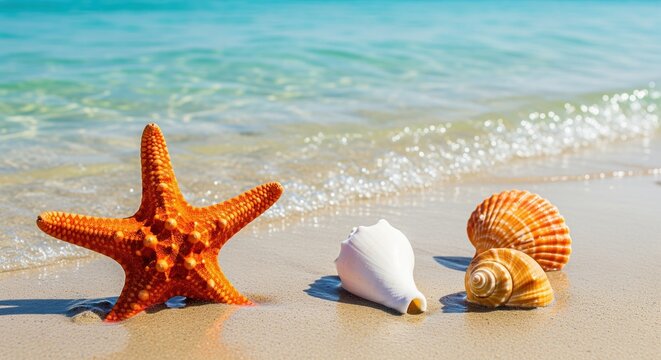 Orange starfish and seashells rest on sandy beach with turquoise ocean waves in background. Perfect for travel posters, vacation themes, summer concepts, and coastal decoration projects.