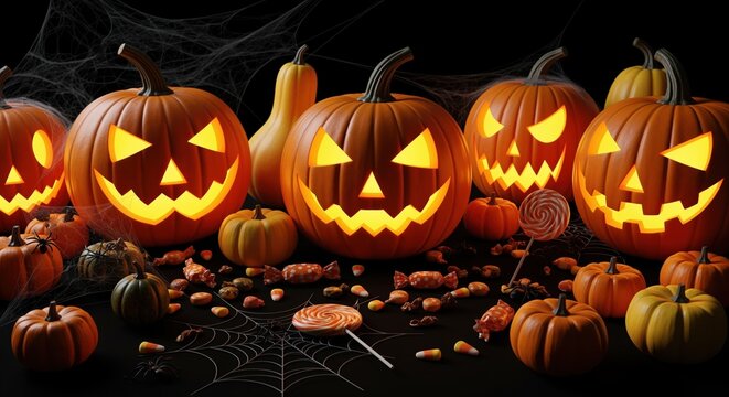 Glowing jack-o-lanterns with carved faces line up against a dark backdrop with spider webs. Candy and small pumpkins scatter below. Perfect for Halloween party invites or autumn events. - Powered by Adobe