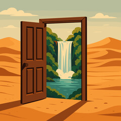 Open door revealing a waterfall and lush greenery in a desert landscape