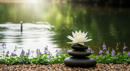 Zen spa stones stacked in a pyramid with a white lotus flower on top, set by a calm pond with purple flowers. Perfect for wellness, meditation, and relaxation themes.