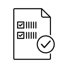 Black and white line icon of a completed checklist or document with checkmarks