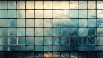 Ultra-minimal grid of frosted glass tiles with subtle internal refractions, soft cyan and beige tones and tiny surface scratches forming a clean architectural abstract background