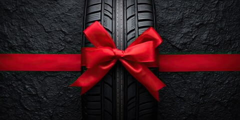 black rubber tire on a black background in a gift bow