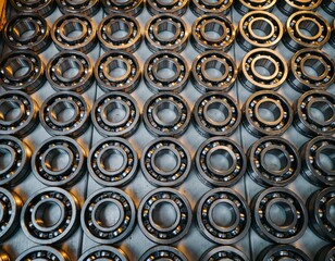 Industrial Bearings in Rows on a Metal Background for Manufacturing Use
