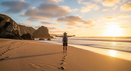 A person stands with arms outstretched on a sandy beach at sunset, facing the ocean. Dramatic cliffs frame the golden shoreline. Perfect for travel, freedom, and wellness themes.