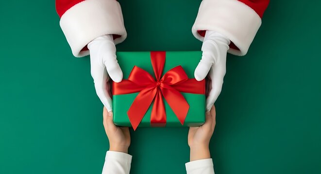 Santa's gloved hands offering a vibrant green gift with a red ribbon to smaller hands, capturing the essence of Christmas giving, holiday cheer, and festive generosity