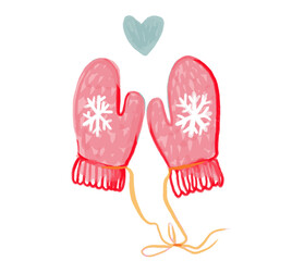 Knitted red mittens watercolor illustration, hand drawn snowflakes, cozy winter drawing