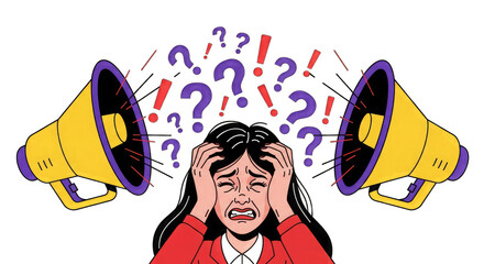 Woman stressed by noise and questions isolated on a transparent background