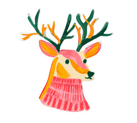 Reindeer portrait, hand drawn watercolor head of deer, christmas greeting card illustration