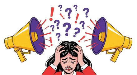 Woman overwhelmed by noise and questions isolated on a transparent background