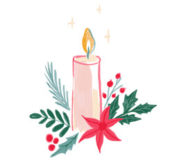 Christmas candle decorated with red berries and holly branches. Hand drawn doodle illustration isolated