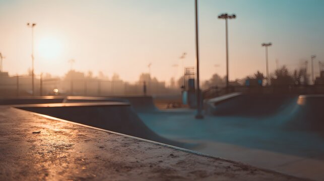 Urban skatepark at sunrise with warm light and fog in the background