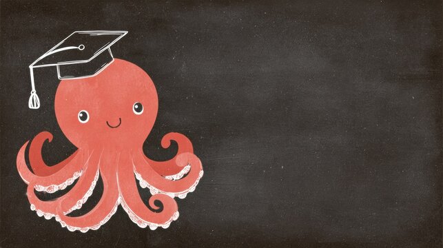 Cute Octopus With Graduation Cap Ready to Celebrate Accomplishments in Classroom Setting With Blank Chalkboard Space