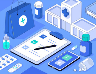 Medical workspace vector illustration. Various pills, tablets, medicine packaging on doctor desk. Modern medicine, healthcare, hospital outline isometric background.