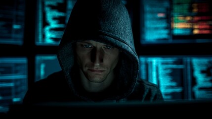 A focused hacker in a hoodie works intensely on a computer, surrounded by glowing screens displaying complex code and data, embodying the digital age of cybersecurity and technology risks.