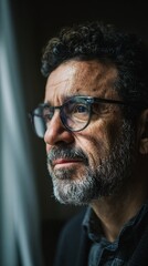Obraz premium Contemplative portrait of a mature man with glasses and a beard, gazing thoughtfully out of a window, capturing a moment of reflection and introspection in soft lighting.