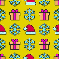 Pixel Christmas Pattern with Santa Hats, Snowflakes and Gifts