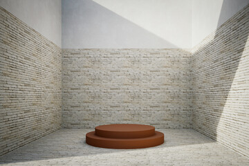 3D Render Minimalist Brown Podium in Industrial Brick Wall Corner Room
