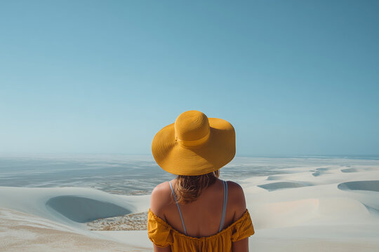 A woman in a yellow hat and shoulderless top overlooks a vast landscape of sand dunes. Calming blue sky