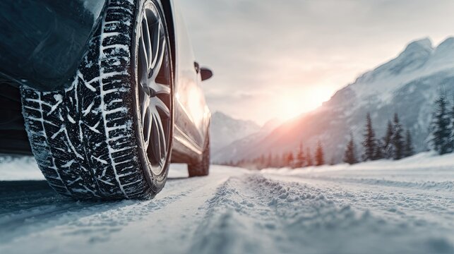 Close-up of a winter tire. Car on a snowy road, mountain landscape.