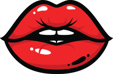Bold Red Lips Vector Illustration in Pop Art Style, Glamorous and Seductive Mouth Graphic Element