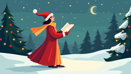 A woman in red coat and yellow scarf reads carol book under moonlit snowy forest with decorated trees, festive singing atmosphere